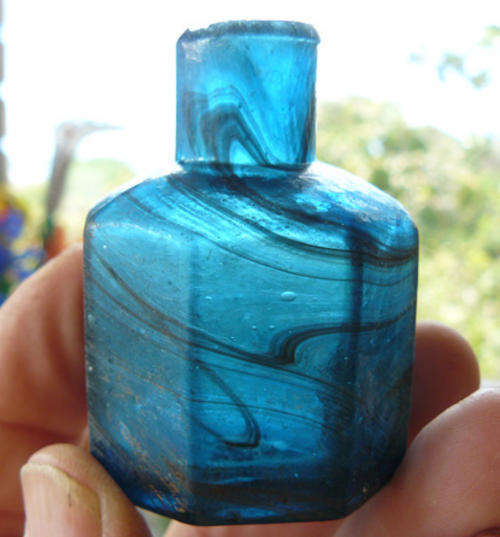 Blue Octagonal Victorian Ink Bottle with Colour Swirls