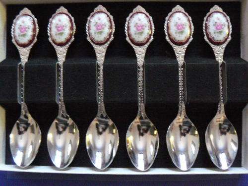 PORCELAIN  - SILVER METALWARE TEASPOONS BOXED SO PRETTY !!!@@@!!!