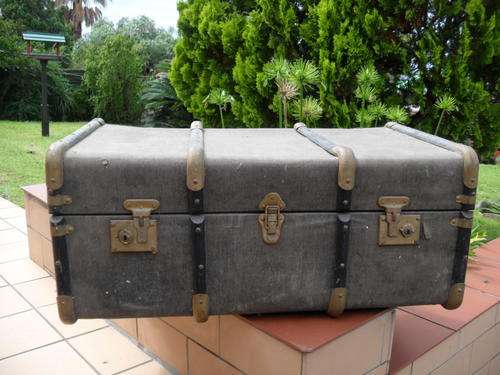 REDUCED old travelling trunk with wood and metal trim