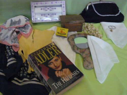 MIXED LOT FOR THE LADIES !@! HANKIES, GLOVES, BAG, WOODEN TRINKET, NOVEL ODDS AND ENDS !@!.......
