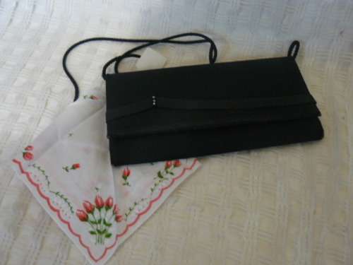 SATIN BLACK CLUTCH BAG AND COTTON HANKIE