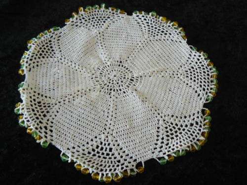 VINTAGE COTTON HAND COCHETED BEADED JUG COVER 19 CM DIAMETER
