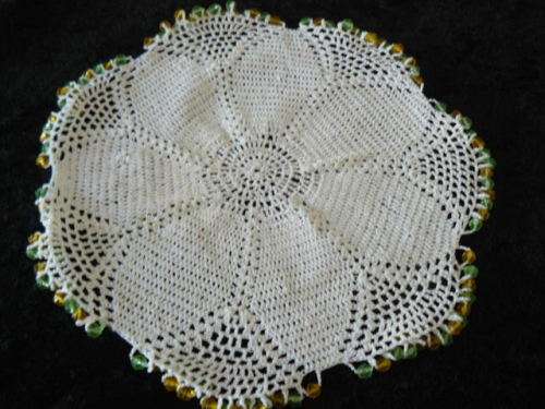 VINTAGE COTTON HAND COCHETED BEADED JUG COVER 19 CM DIAMETER