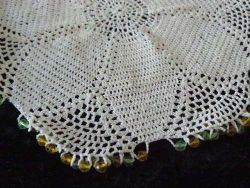 VINTAGE COTTON HAND COCHETED BEADED JUG COVER 19 CM DIAMETER