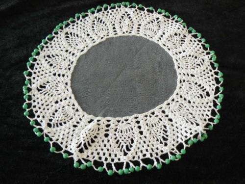 VINTAGE COTTON AND NET HAND CROCHETED JUG COVER BEADED 25 CM
