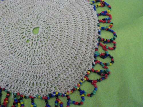 BEADED VINTAGE COTTON SUGAR BASIN COVER 17 CM CREAM