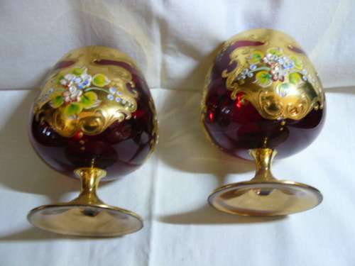 BOHEMIAN CZECH BRANDY GOBLETS HAND PAINTED CRANBERRY UNIQUE LUXURY 11.5 CM X 7 CM STUNNING REDUCED !