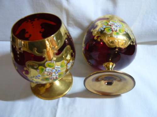 BOHEMIAN CZECH BRANDY GOBLETS HAND PAINTED CRANBERRY UNIQUE LUXURY 11.5 CM X 7 CM STUNNING REDUCED !