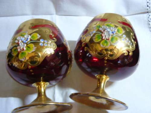 BOHEMIAN CZECH BRANDY GOBLETS HAND PAINTED CRANBERRY UNIQUE LUXURY 11.5 CM X 7 CM STUNNING REDUCED !