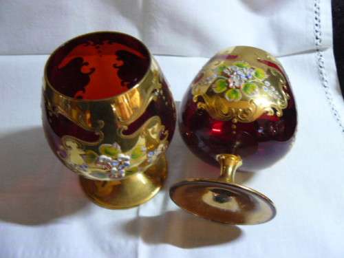 BOHEMIAN CZECH BRANDY GOBLETS HAND PAINTED CRANBERRY UNIQUE LUXURY 11.5 CM X 7 CM STUNNING REDUCED !
