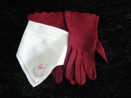HAND EMBROIDERED COTTON VINTAGE HANKIE AND GLOVES