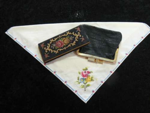 PETIT POINT COMPACT MIRROR VINTAGE- EMBROIDERED HANKIE-SMALL BLACK PURSE