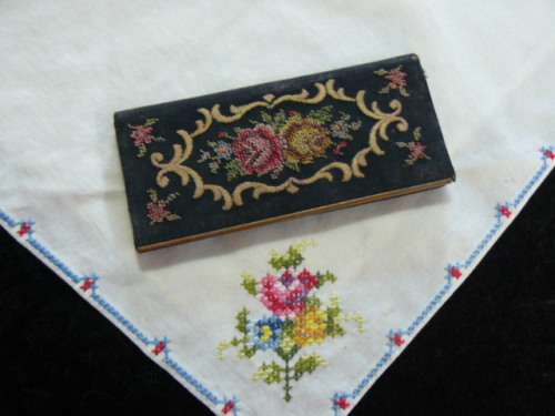 PETIT POINT COMPACT MIRROR VINTAGE- EMBROIDERED HANKIE-SMALL BLACK PURSE