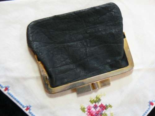 PETIT POINT COMPACT MIRROR VINTAGE- EMBROIDERED HANKIE-SMALL BLACK PURSE