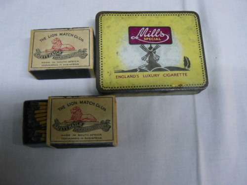 LIONS MATCH BOXES VINTAGE STILL FULL AND MILLS SPECIAL CIGARETTE TIN