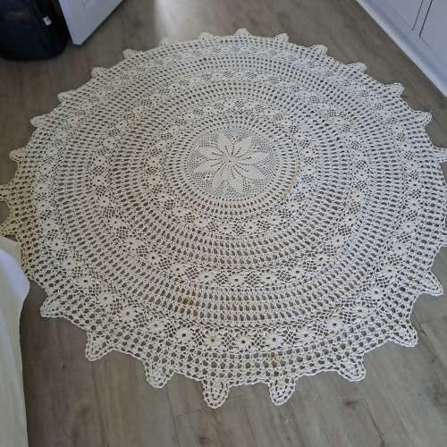 Stunning 1.8m diam light cream cotton crocheted round table