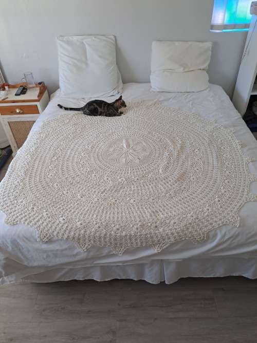 Stunning 1.8m diam light cream cotton crocheted round table