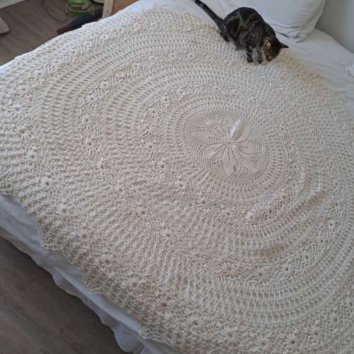 Stunning 1.8m diam light cream cotton crocheted round table