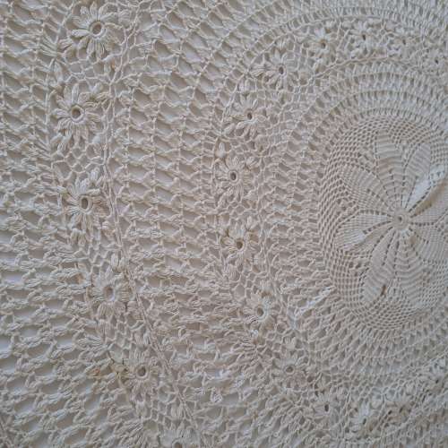 Stunning 1.8m diam light cream cotton crocheted round table