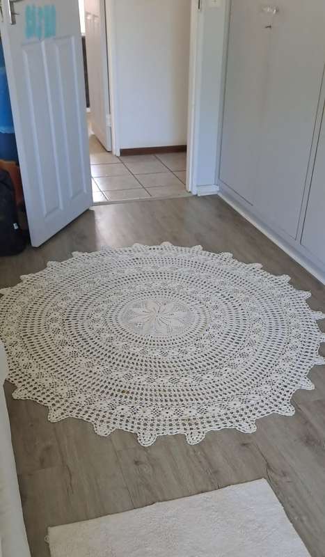 Stunning 1.8m diam light cream cotton crocheted round table
