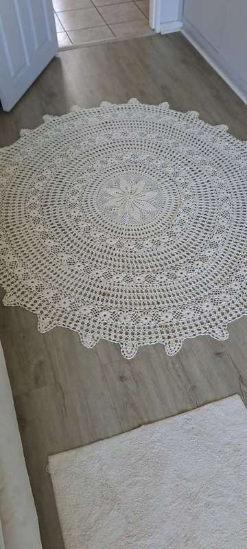 Stunning 1.8m diam light cream cotton crocheted round table