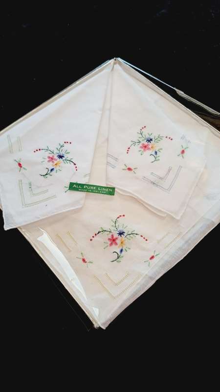All pure linen Ireland embroidery hankies set of 3