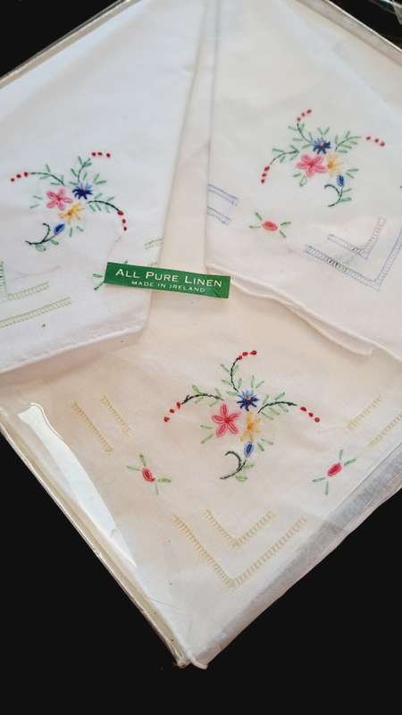 All pure linen Ireland embroidery hankies set of 3