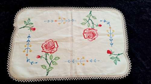 Vintage cotton embroidered tray cloth with fine hand crotcheted cotton edging
