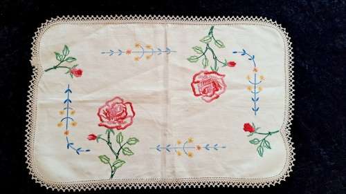 Vintage cotton embroidered tray cloth with fine hand crotcheted cotton edging