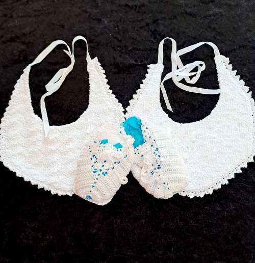 Beautifully hand crotcheted cotton  bibs and booties