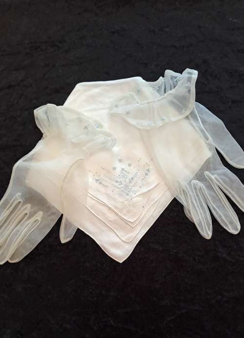 Stunning set of 3 vintage embroidered hankies and matching gloves