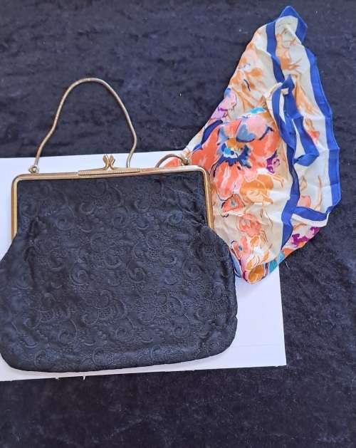 Vintage 1960` ladies bag with satain inner and silk hankie