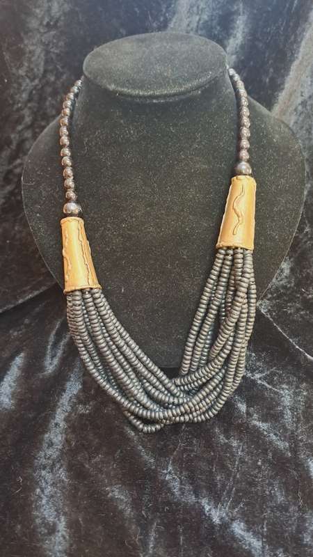 Ethnic wood and brass beaded necklace