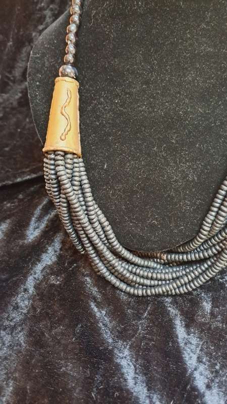 Ethnic wood and brass beaded necklace