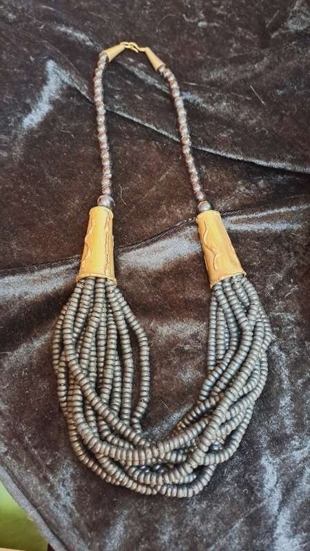 Ethnic wood and brass beaded necklace