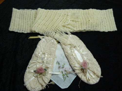 VINTAGE HAND CROCHETED SLIPPERS WITH FREE HANKIE AND SCARVE
