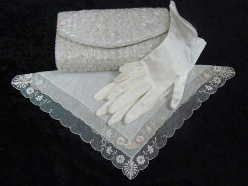 VINTAGE LIKE CLUTCH BAG, VINTAGE COTTON CLUTCH BAG AND SATIN GLOVES
