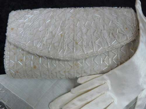 VINTAGE LIKE CLUTCH BAG, VINTAGE COTTON CLUTCH BAG AND SATIN GLOVES