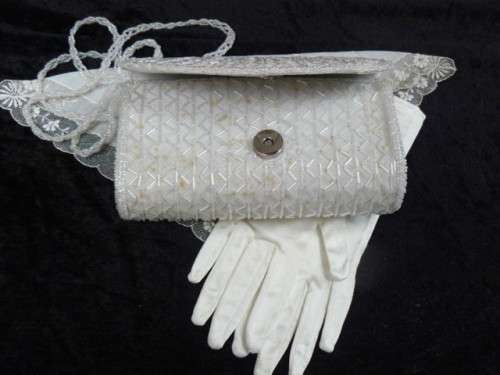 VINTAGE LIKE CLUTCH BAG, VINTAGE COTTON CLUTCH BAG AND SATIN GLOVES