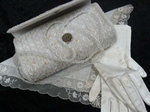 VINTAGE LIKE CLUTCH BAG, VINTAGE COTTON CLUTCH BAG AND SATIN GLOVES