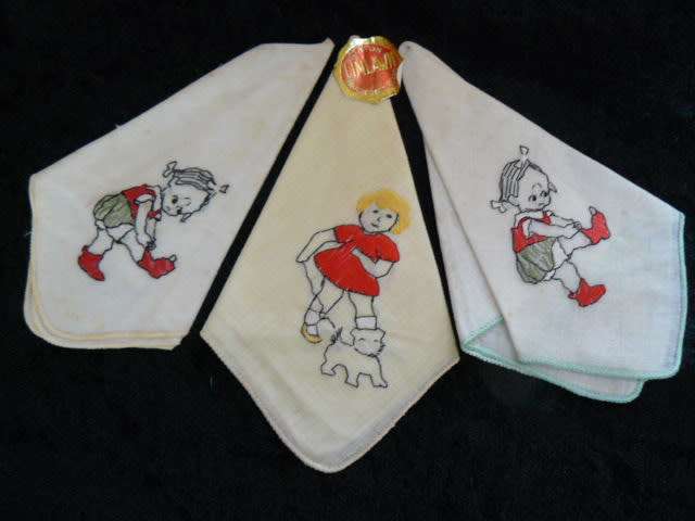 VINTAGE COTTON EMBROIDERED CHILDRENS HANKIES X 3
