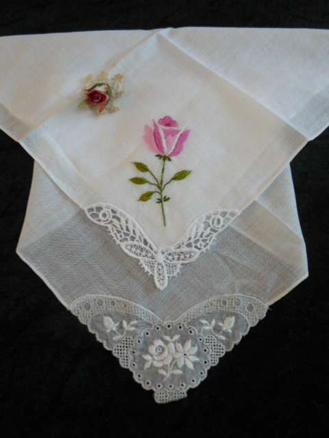 VINTAGE COTTON HANKIE EMBROYDERED X 2