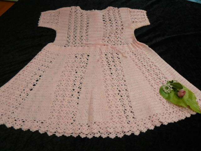 VINTAGE COTTON HAND CROCHETED DRESS PINK 53CM LONG
