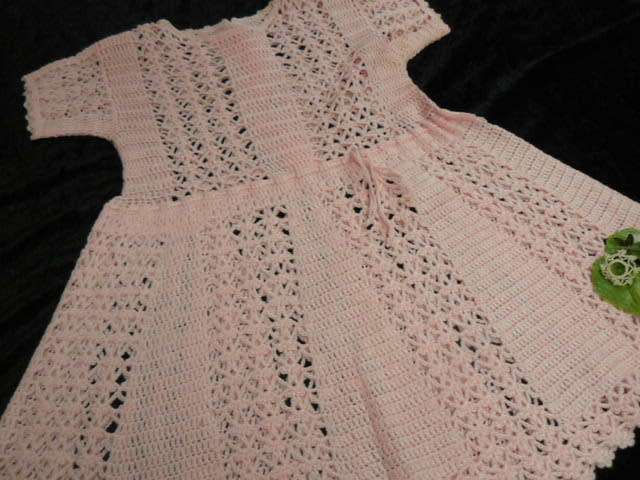VINTAGE COTTON HAND CROCHETED DRESS PINK 53CM LONG