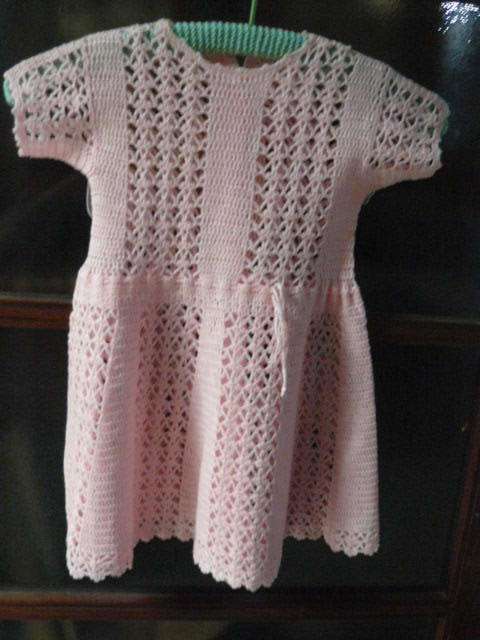 VINTAGE COTTON HAND CROCHETED DRESS PINK 53CM LONG