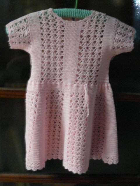 VINTAGE COTTON HAND CROCHETED DRESS PINK 53CM LONG