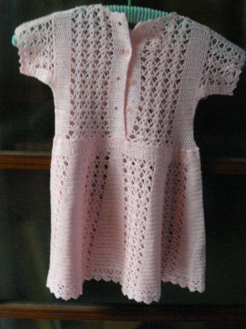 VINTAGE COTTON HAND CROCHETED DRESS PINK 53CM LONG