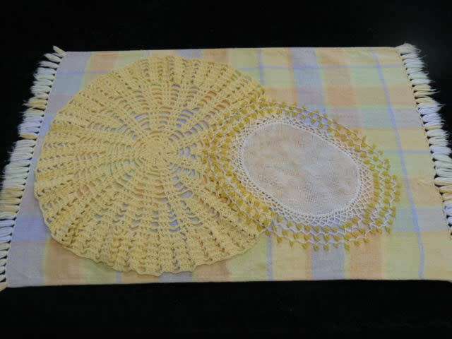 HAND CROCHETED DOILIE, COTTON TRAY CLOTH AND BEADED JUG COVER