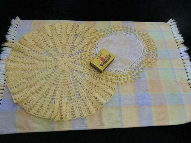 HAND CROCHETED DOILIE, COTTON TRAY CLOTH AND BEADED JUG COVER