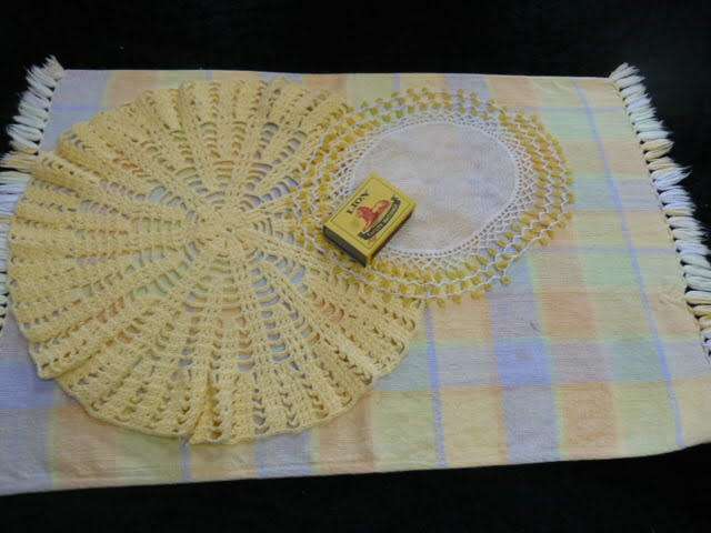 HAND CROCHETED DOILIE, COTTON TRAY CLOTH AND BEADED JUG COVER